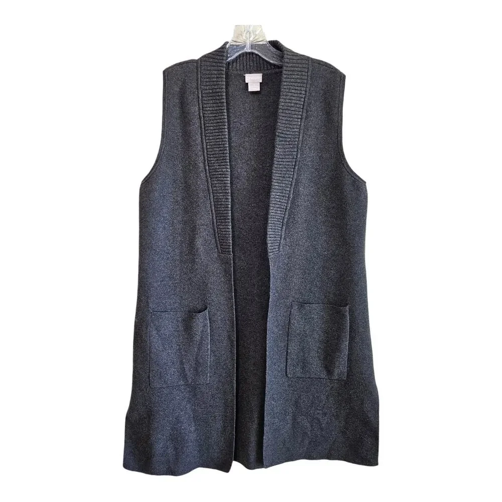 CHICO'S 1 Women's M 8/10 Cardigan Sweater Vest Open Charcoal Gray Long Bust 36